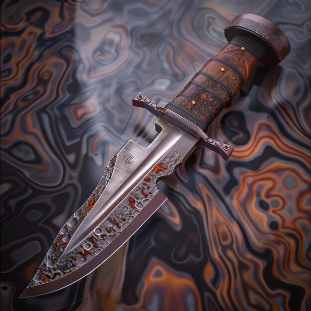 Photo closeup of a weathered handcrafted knife with a wooden handle lying on a swirled abstract background