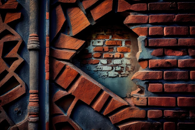 A closeup of a weathered industrial brick wall with a variety of textures and patterns