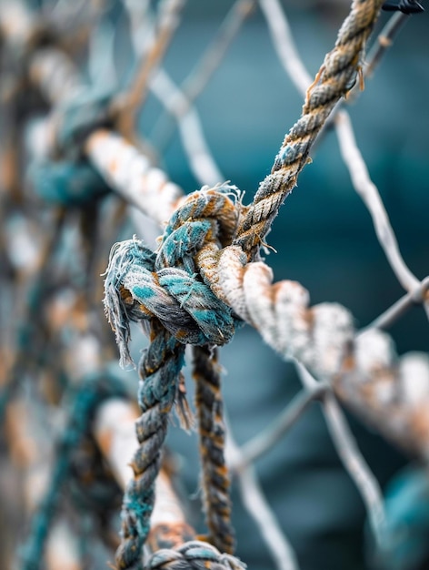 Photo closeup of weathered nautical rope knots on fishing net