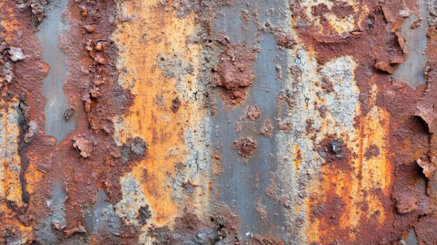 Photo closeup of weathered rusted metal surface showcasing textures and colors of decay and age