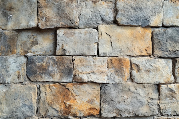 Closeup of a weathered stone wall with irregular blocks