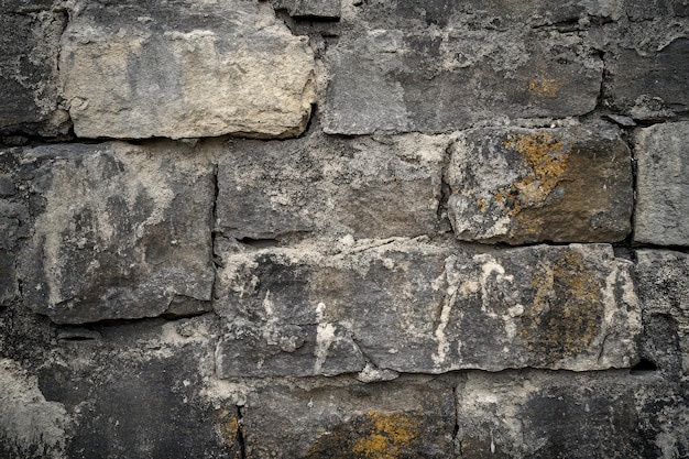 Photo closeup of a weathered stone wall with visible cracks and lichen