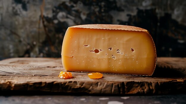 Photo closeup of a wedge of cheese on a wooden board with a blurred background