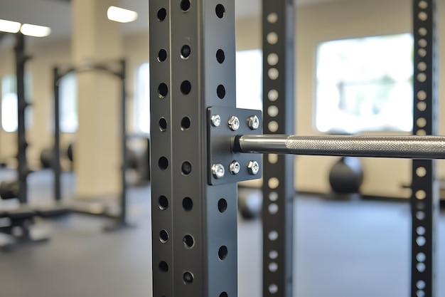 Closeup of a weightlifting rack with a barbell in a gym