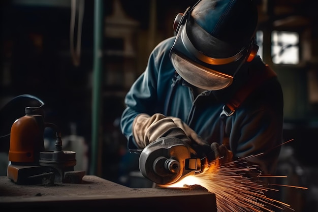 Closeup of a welder working with an electric grinder