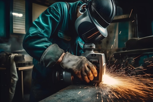 Closeup of a welder working with an electric grinder