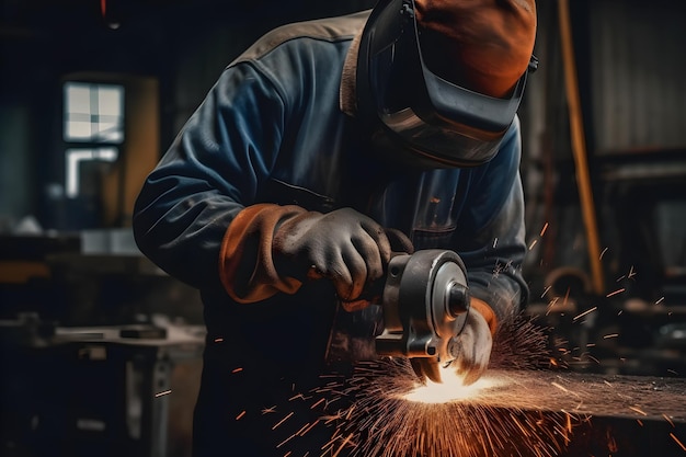 Closeup of a welder working with an electric grinder