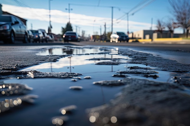 Closeup of wet asphalt with the reflection of a clear blue sky visible