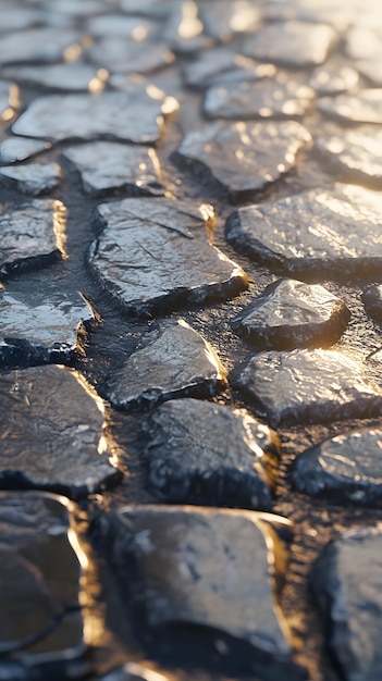 Photo a closeup of wet cobblestones reflecting light