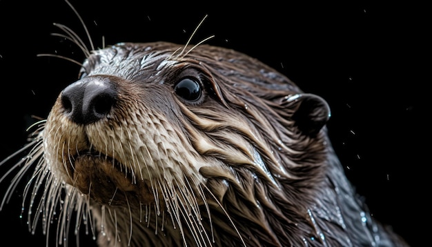 Closeup of a wet otter with detailed fur and expressive eyes against a dark background