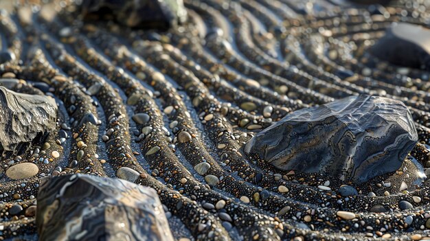 Photo closeup of wet sand with smooth dark stones and small pebbles