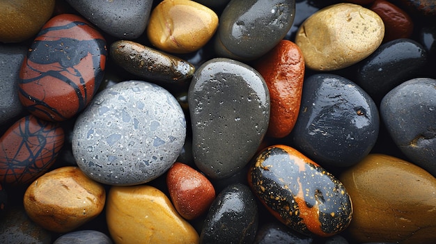 A closeup of wet smooth colorful river rocks