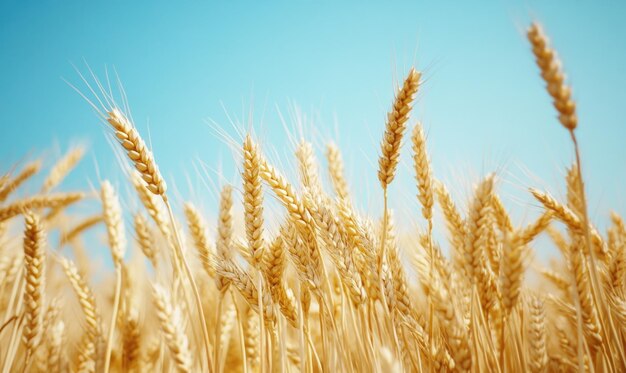 Photo closeup of wheat ears golden details blue sky background