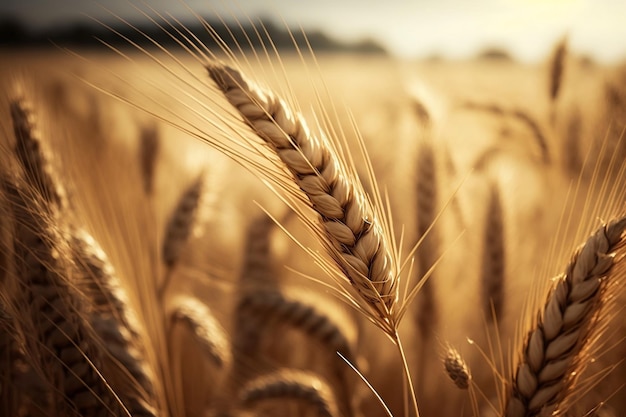 CloseUp of Wheat Ears in a Summer Wheat Field Agricultural Scene Generative AI