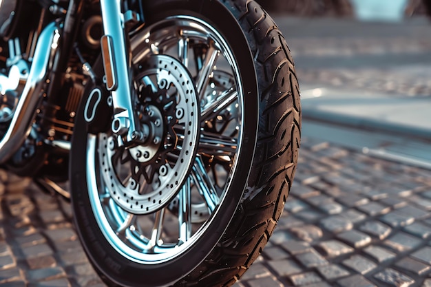 Photo closeup of the wheel of a motorcycle in the park