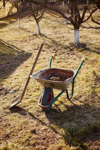 Closeup of a wheelbarrow in the garden at sunset