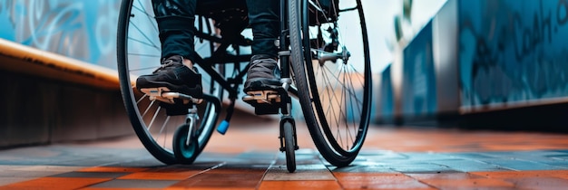 Closeup of a wheelchair on a tiled urban street Highlighting urban accessibility and inclusion Focusing on mobility and independence for disabled individuals