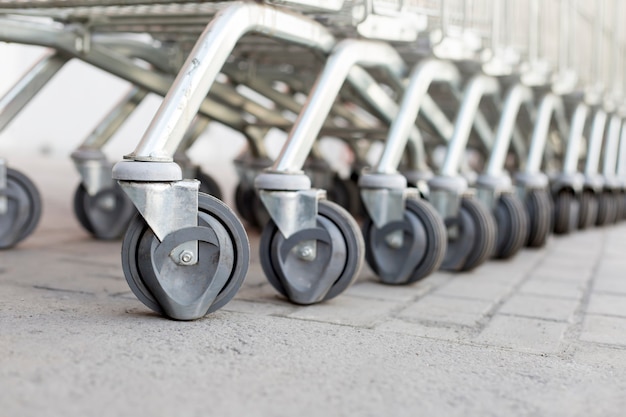 Closeup of wheels of a supermarket cart.