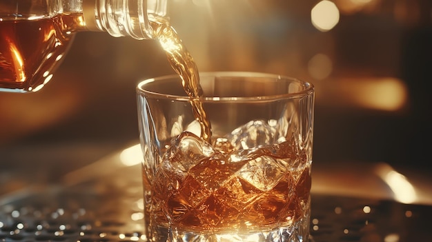 Photo a closeup of a whiskey bottle being poured into a tumbler capturing the rich warm hues