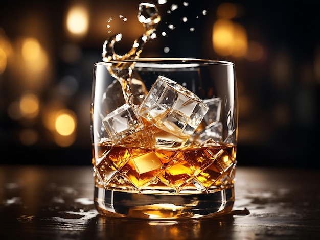 Closeup Whisky in Premium Glass with Ice Drops and Water Splash