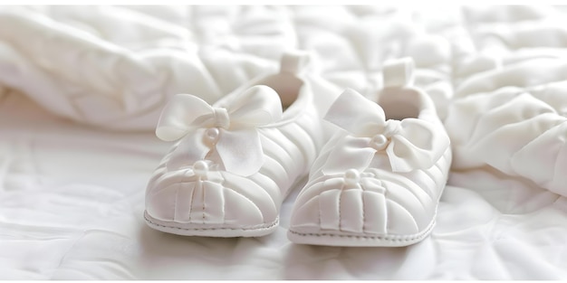 Closeup of white baby shoes with bows and pearls on white bed Concept Baby Shoes White Bows Pearls Closeup White Bed