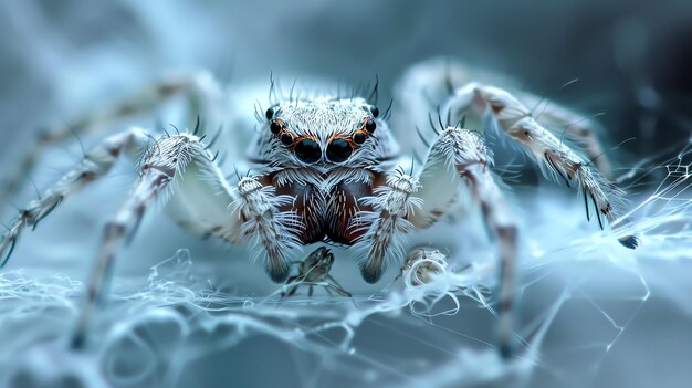 A closeup of a white and brown jumping spider on a web The spider has eight eyes two of which are large and face forward