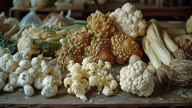 Closeup of White Cauliflower and Flower Buds on Rustic Wooden Table