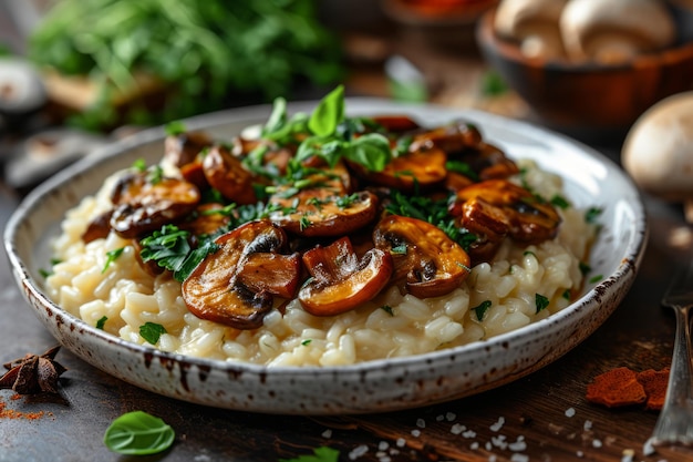 Closeup of white ceramic plate with mushroom risotto on wooden table fresh herbs and spices