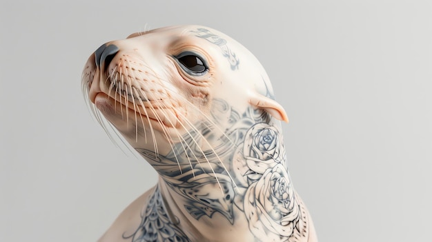 A closeup of a white ceramic sculpture of a seal with a detailed tattoo design