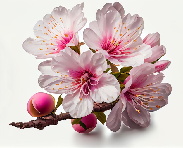 Closeup of White Cherry Blossom flower on white background Digital art Generative AI