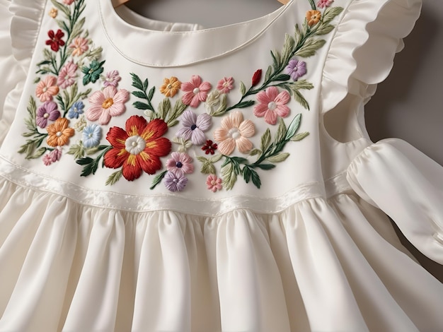 A closeup of a white childrens dress with exquisite floral embroidery