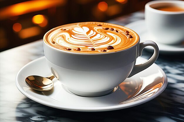 Closeup of white coffee cup with a saucer Cappuccino coffee in modern cafe