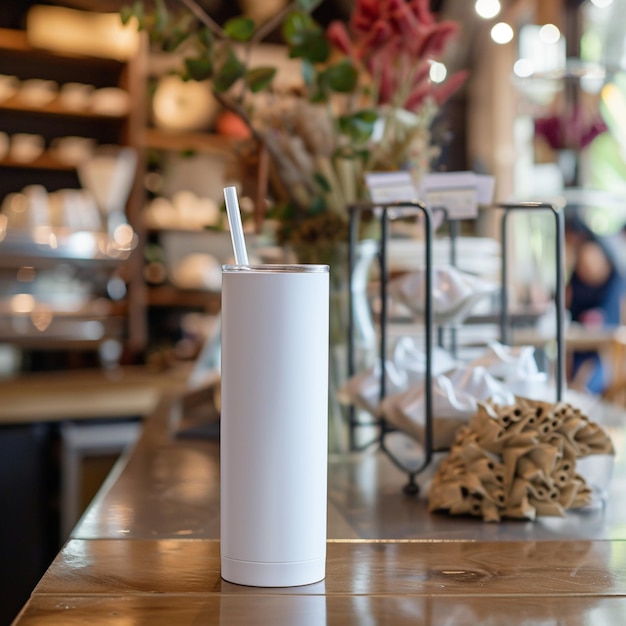 Photo closeup of a white color 20oz straight skinny tumbler product mockup on a table with a blurred or b