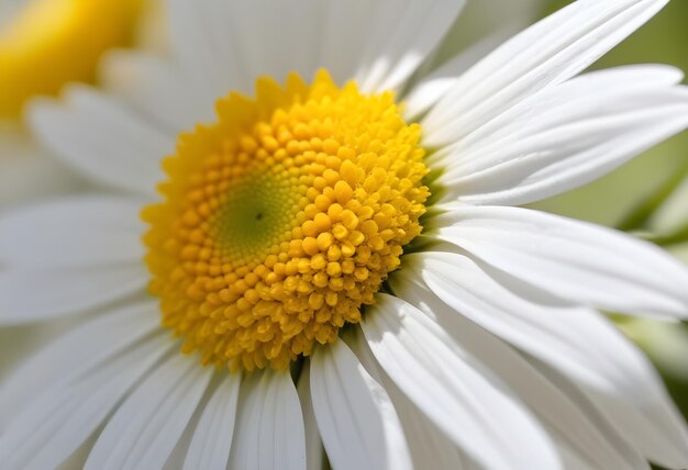 A closeup of a white daisy flower with a bright yellow center