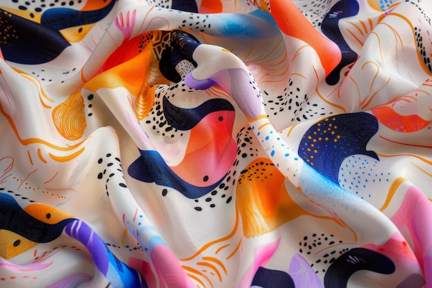 Photo closeup of a white fabric with colorful abstract patterns whimsical patterns that seem to dance across the fabric