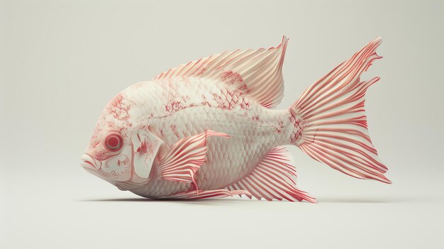 Closeup of a white fish with red fins against a white background