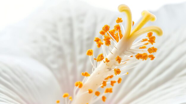 Closeup of a white hibiscus flower stamen with vivid yellow pollen showcasing the intricate details