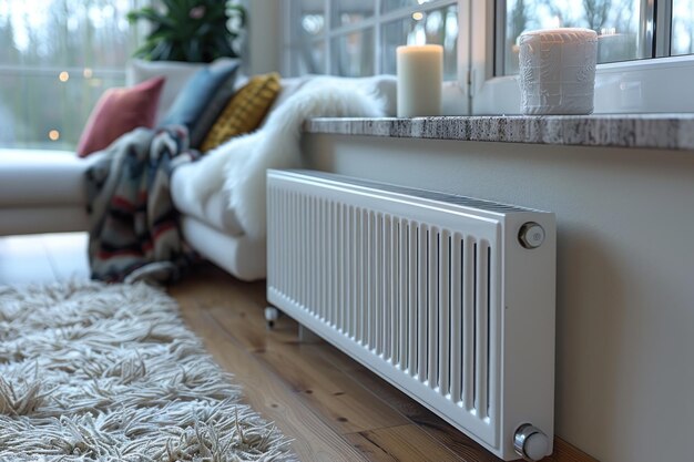 Closeup white house heater radiator in the living room