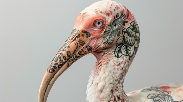 A closeup of a white ibis with intricate tattoos