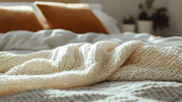 Photo closeup of a white knitted blanket on a bed