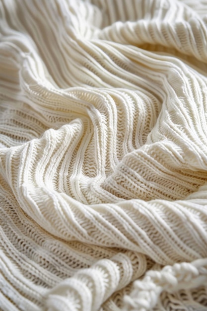 Photo closeup of white knitted fabric with texture and folds concept background