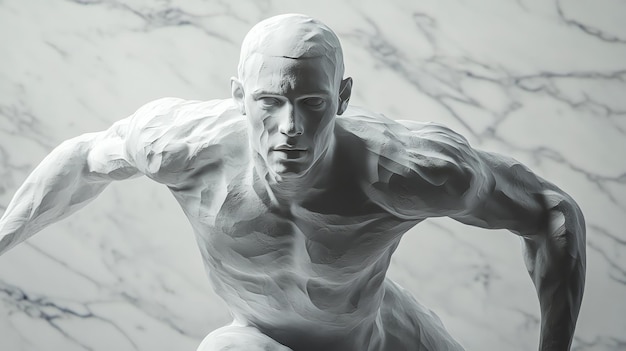 Photo a closeup of a white marble statue of a muscular man with a determined expression