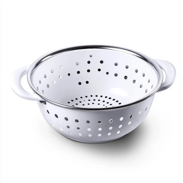 Photo closeup of a white metal colander with wooden handles showcasing kitchenware design and functionality against a white background