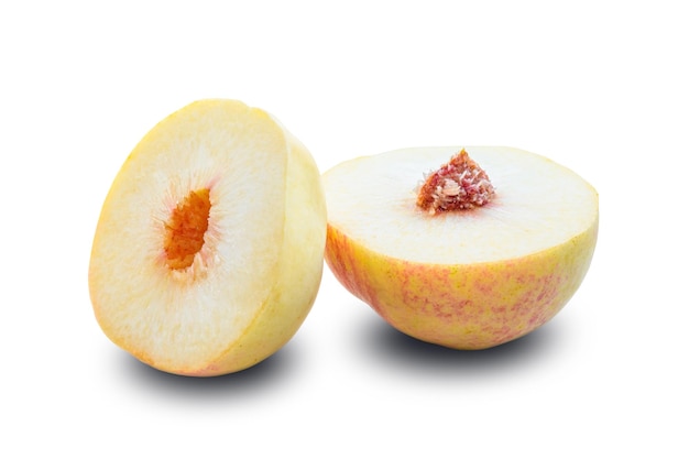 Closeup white peach cut half on white background