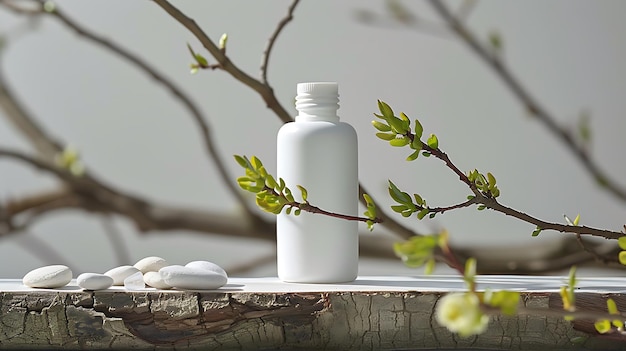 Photo closeup of a white plastic bottle with a white background and a branch with green leaves