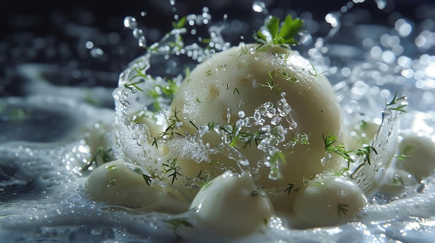 A closeup of a white round food item with fresh herbs surrounded by water droplets