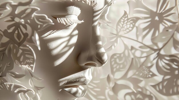 Photo a closeup of a white sculpture of a womans face partially obscured by a paper cut design highlighting delicate features and casting intricate shadows