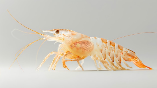 A closeup of a white shrimp with orange accents seen from the side