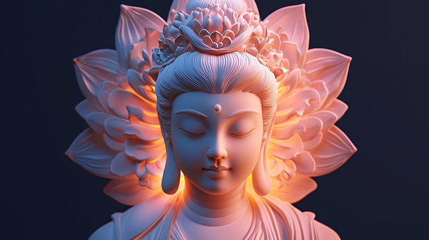 Photo closeup of a white statue of a woman with closed eyes surrounded by a lotus flower against a dark background