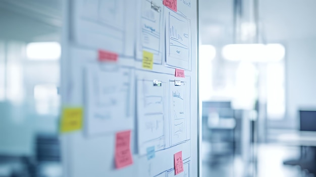 Closeup of a whiteboard with sticky notes in a modern office showing design ideas and brainstorming notes